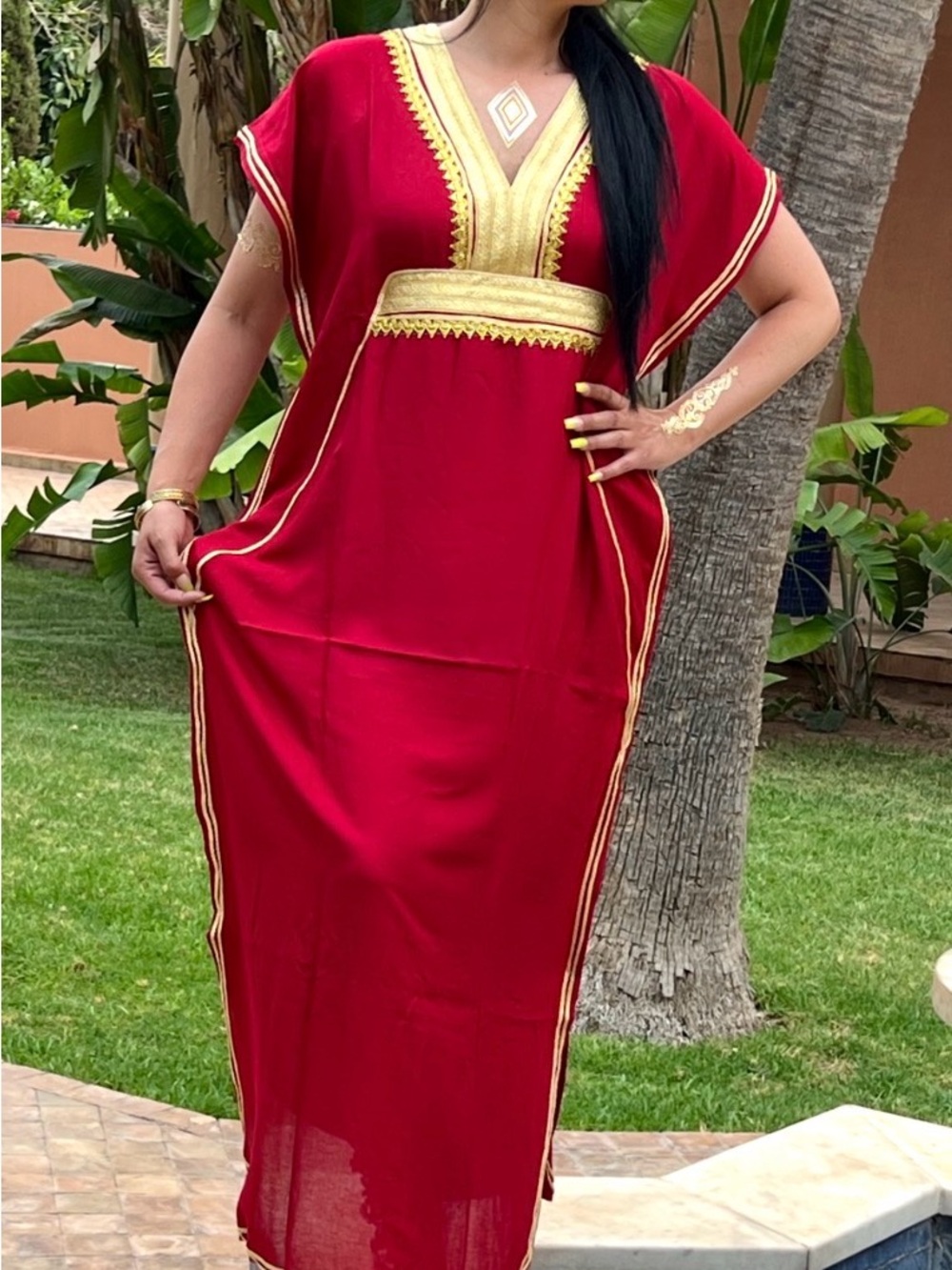 Elegant Red Caftan Dress with Gold Trim